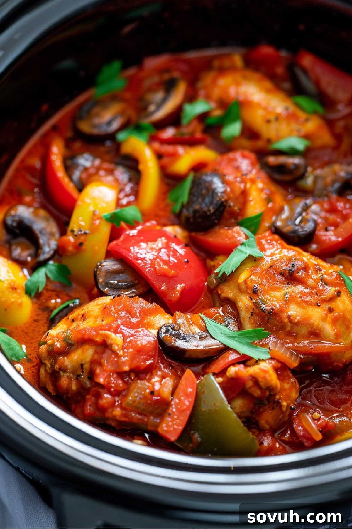 A close-up of a Slow Cooker Chicken Cacciatore. Visible ingredients include pieces of chicken, bell peppers, mushrooms, and parsley in a rich red sauce.