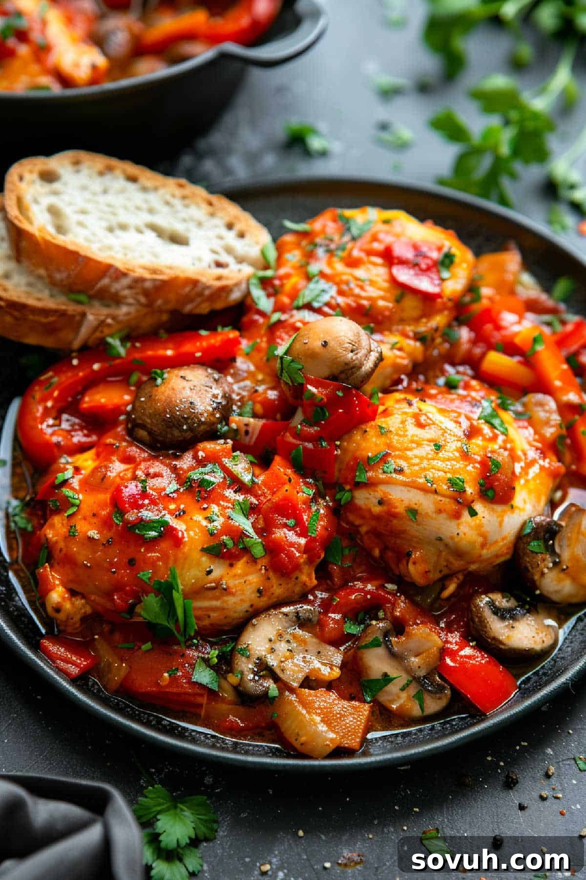 A plate of Slow Cooker Chicken Cacciatore with mushrooms, bell peppers, and fresh parsley garnished on top. Two slices of bread are placed beside the dish.