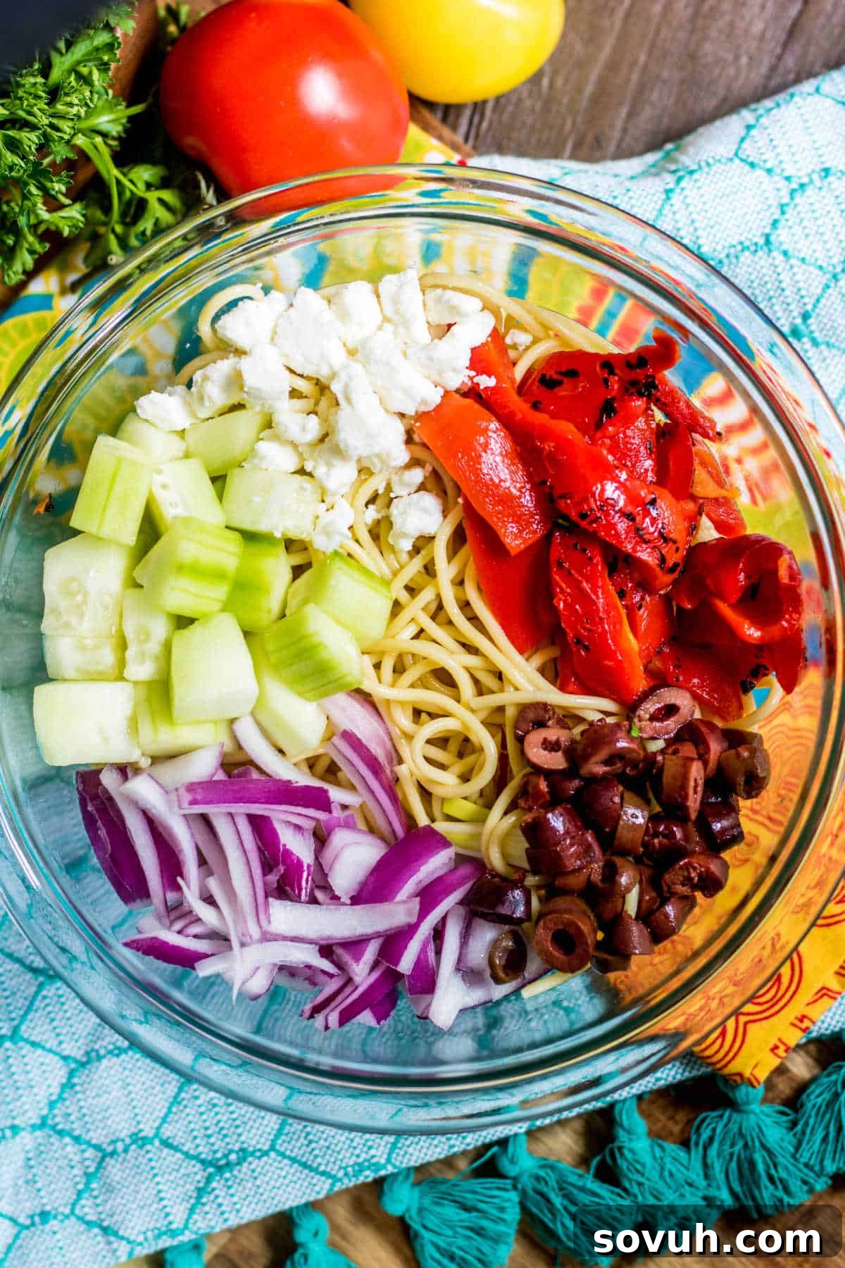 ingredients for Greek Spaghetti Salad