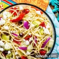glass bowl of Greek Spaghetti Salad