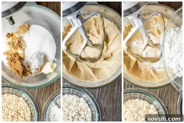 Preparing the dough for Cowboy Cookies in a mixing bowl, showing butter, sugar, and flour being combined.