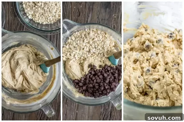 The final delicious Cowboy Cookie dough mixture with chocolate chips and oats, ready to be chilled and baked.