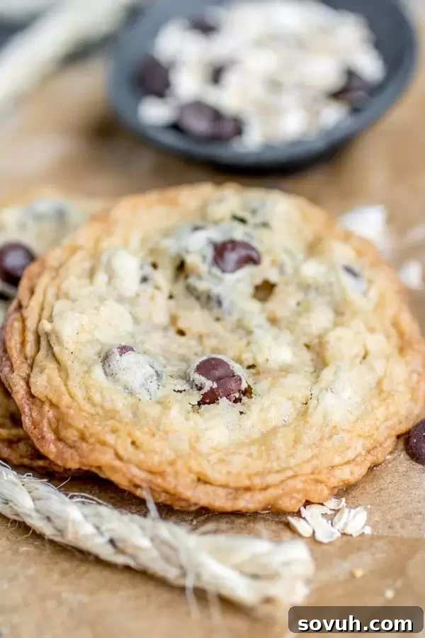 Close-up of freshly baked Cowboy Cookies showing perfectly melted chocolate chips and a chewy oat texture.