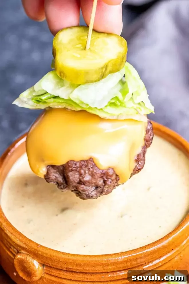 Keto Big Mac Bites served with a bowl of special sauce for dipping