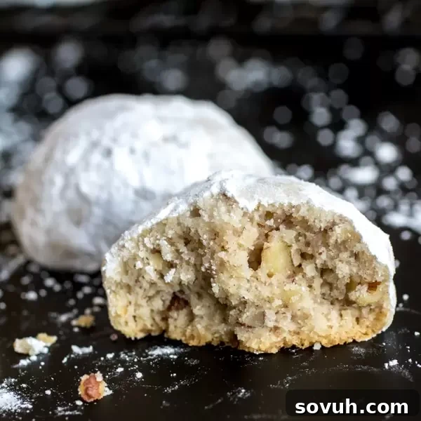Half of a Mexican Wedding Cookie, dusted generously with powdered sugar.