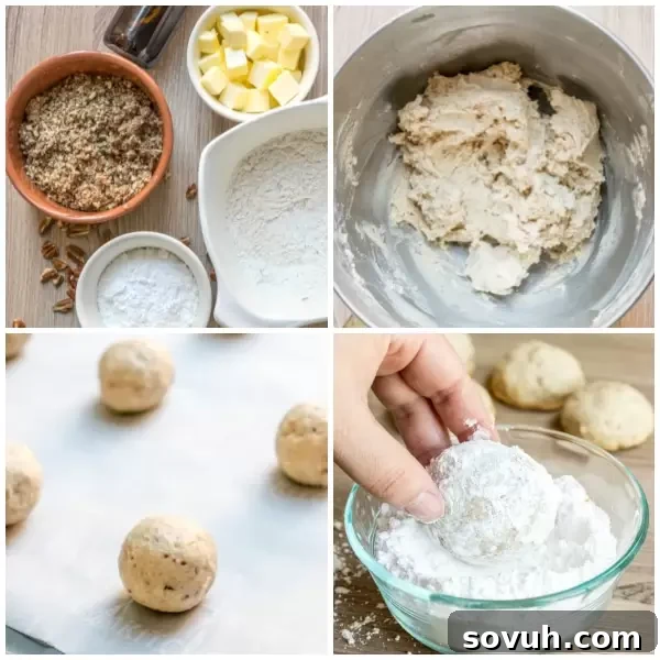 Step-by-step instructions for making Mexican wedding cookies, showing mixing, forming, and coating.