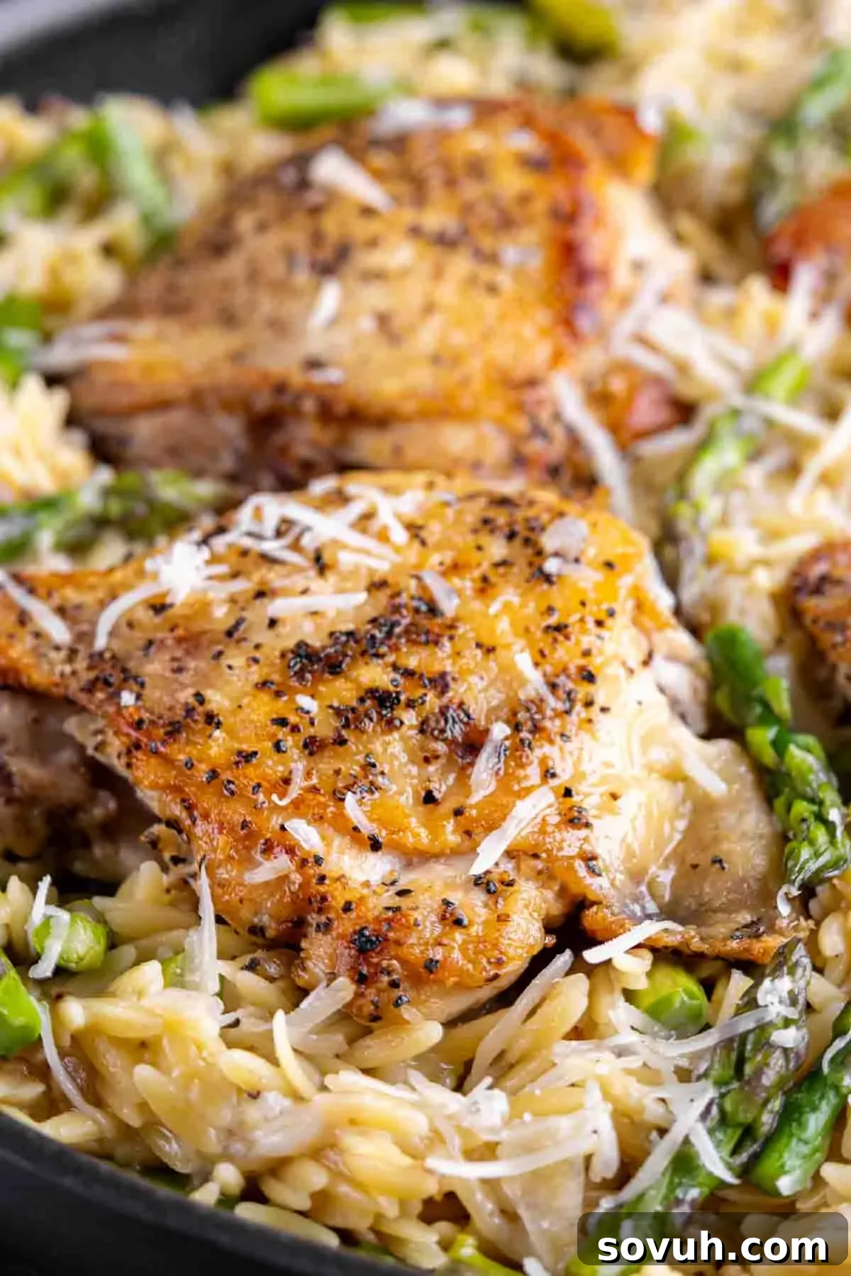 Parmesan Chicken Orzo served over a bed of orzo pasta with asparagus and topped with grated cheese, presenting a visually appealing and delicious meal.
