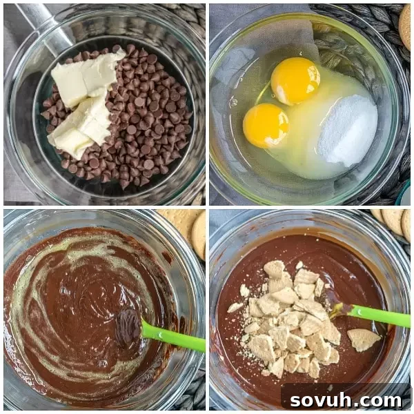 Step-by-step process of making Chocolate Salami, showing melted chocolate, biscuit mixture, and rolling.