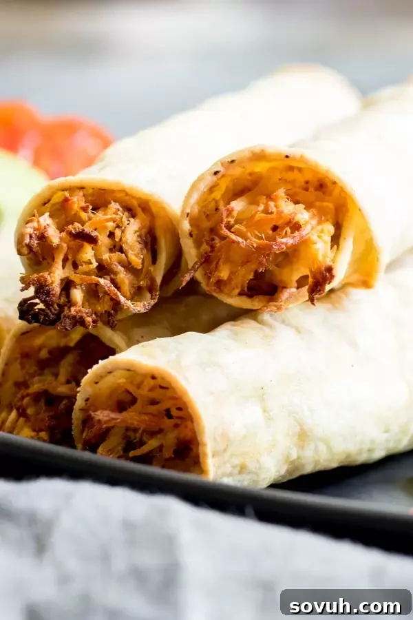 Step-by-step image demonstrating how to roll chicken taquitos.