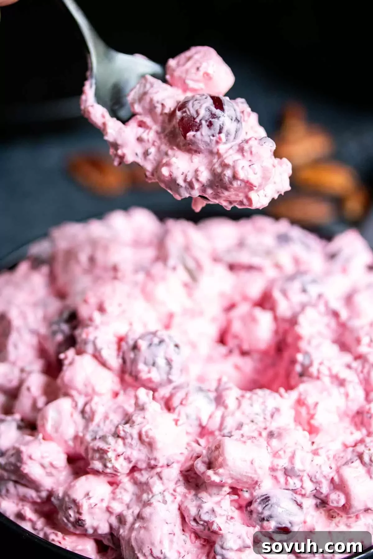 A hand holds a spoonful of creamy Cranberry Fluff Salad, showing its rich texture and fruit pieces.
