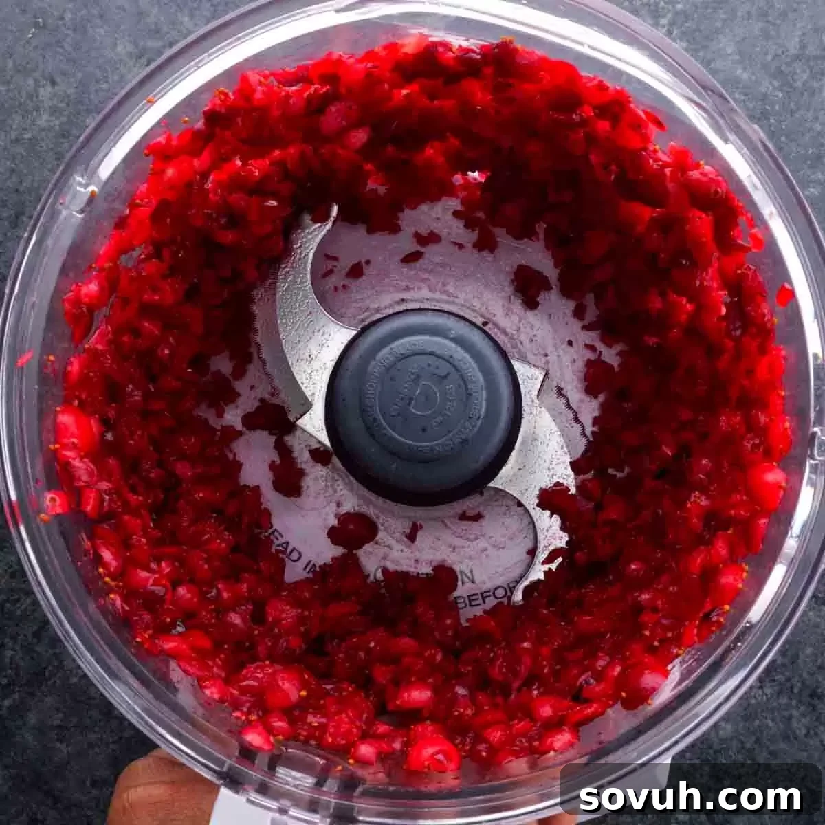 A food processor filled with vibrant red fresh cranberries, ready to be chopped for Cranberry Fluff Salad.