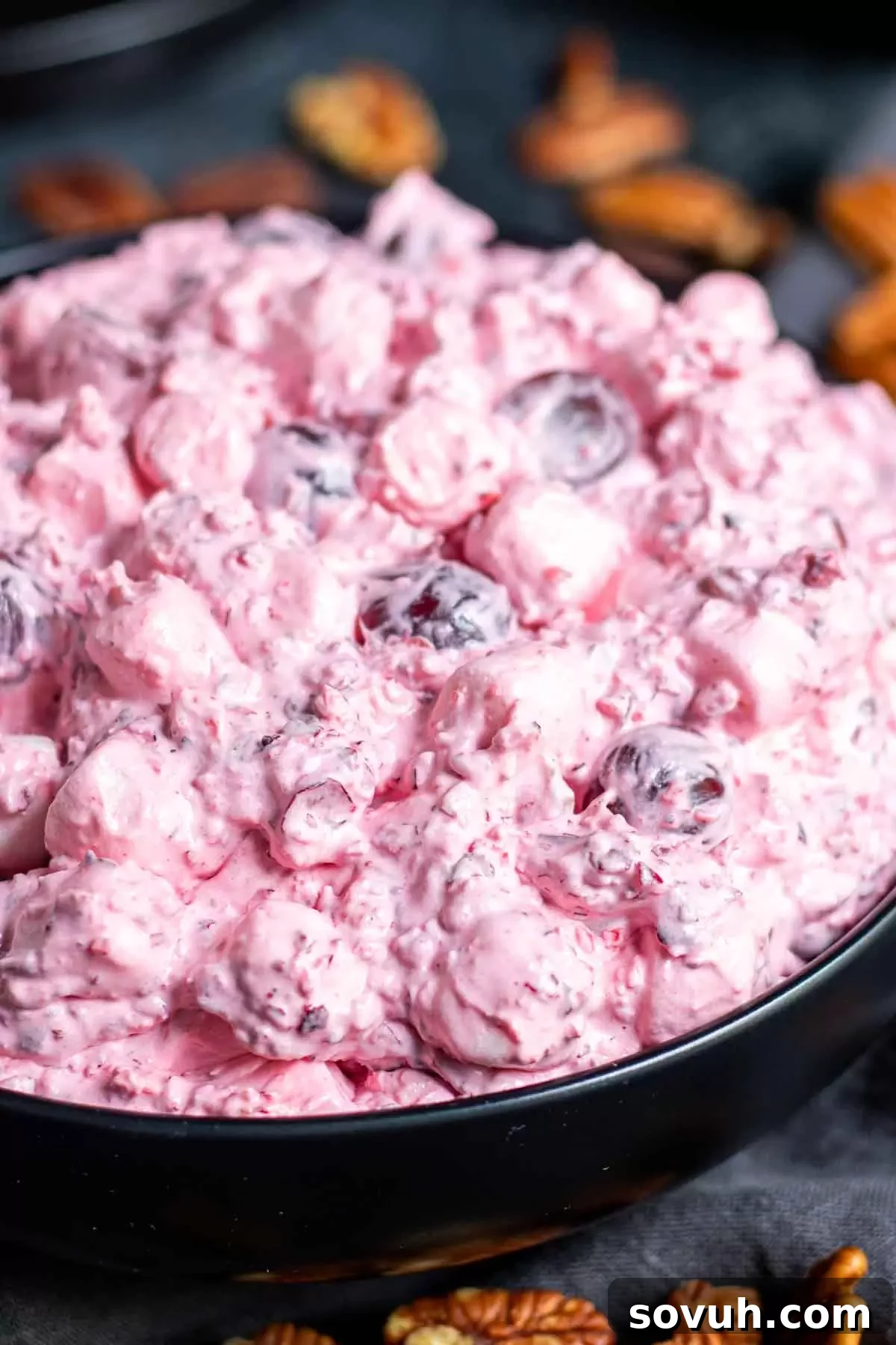 A close-up shot of creamy Cranberry Fluff Salad in a bowl, garnished with whole pecans and a sprinkle of chopped cranberries, showcasing its appealing texture.