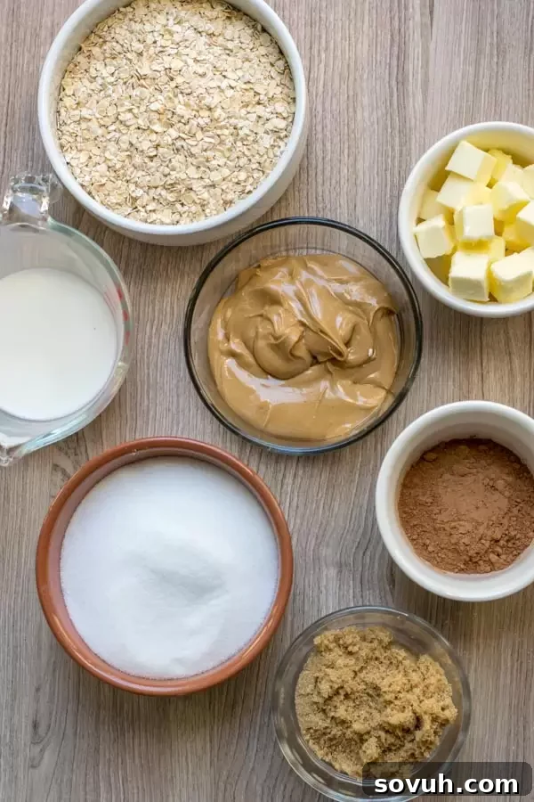 All essential ingredients laid out for making No Bake Chocolate Oatmeal Cookies