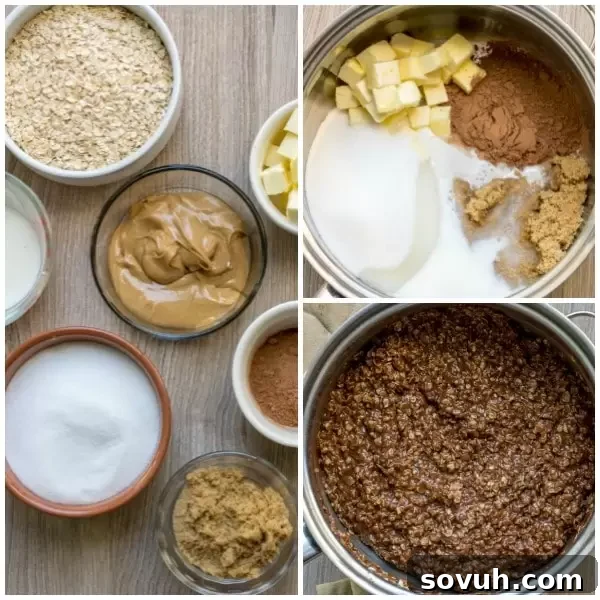 Step-by-step image collage illustrating the process of making no-bake chocolate oatmeal cookies