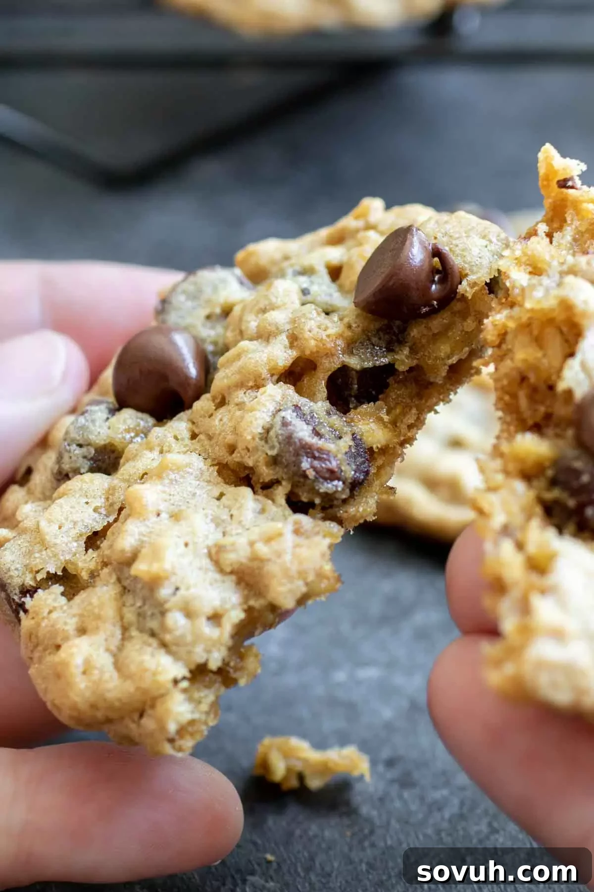 Close-up of a freshly baked Ranger Cookie being broken in half, revealing its chewy interior with oats, chocolate chips, and crispy rice cereal