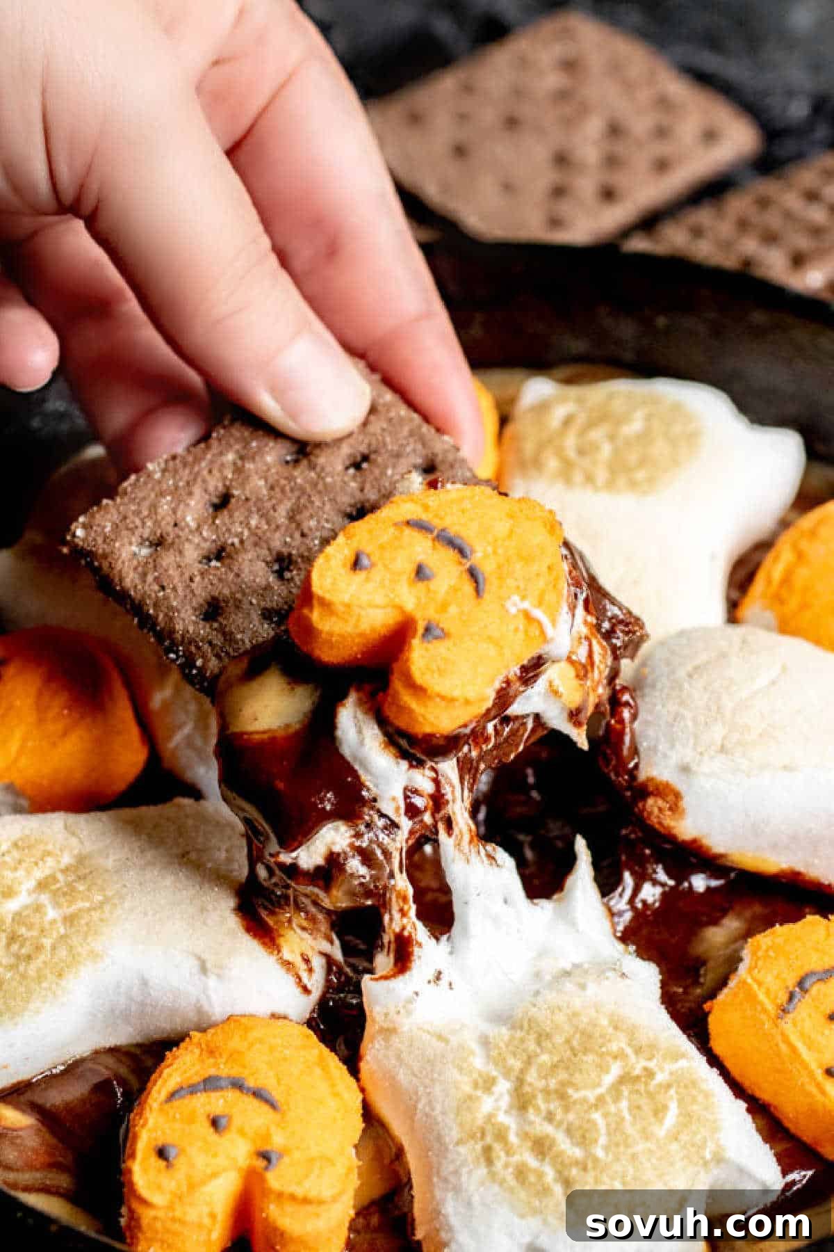 A graham cracker being dipped into the warm and gooey Halloween S'mores Dip, showcasing the melted chocolate, peanut butter, and toasted marshmallows.