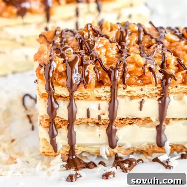 Girl Scout Samoa Napoleons - a delicate cake made with flaky puff pastry, sweet caramel cream, and the rich coconut and caramel flavor inspired by Samoa cookies.