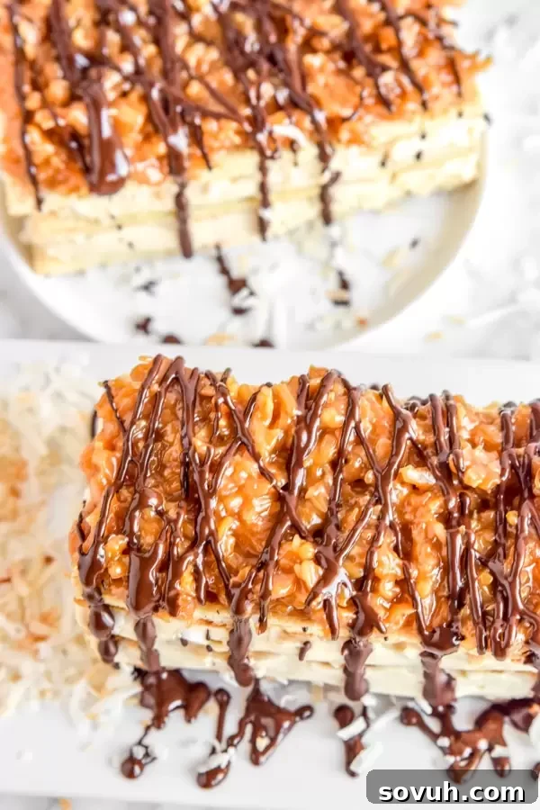 Samoa Napoleons arranged like Girl Scouts cookies, highlighting the caramel, coconut, and chocolate elements.