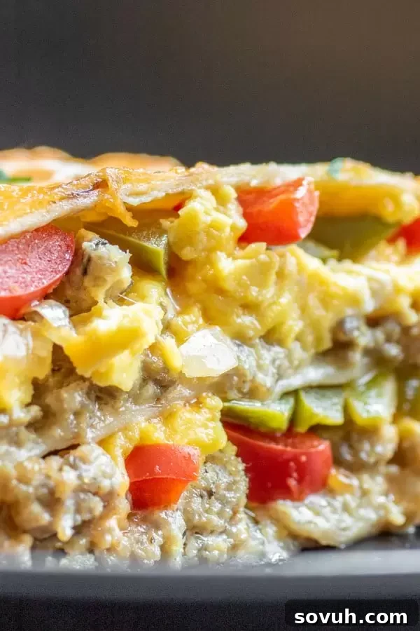 Close-up of layers in Breakfast Burrito Casserole before baking