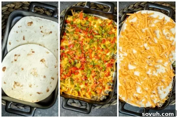 Step-by-step layering of the Breakfast Burrito Casserole