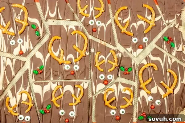 Step-by-step image showing how to make Christmas bark, with melted chocolate and caramel.
