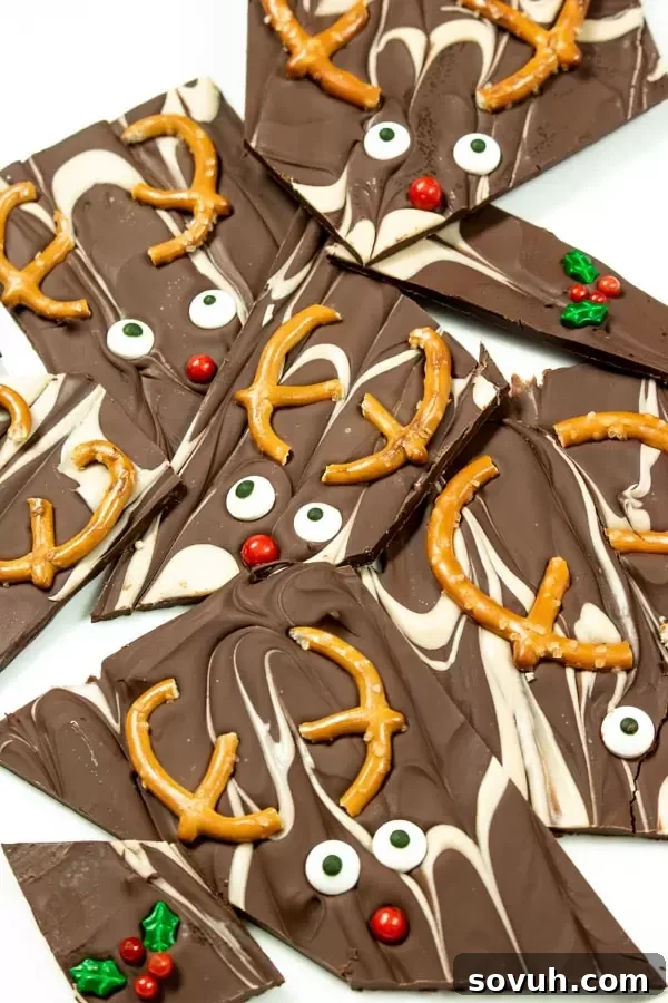 Close-up of chocolate and caramel swirls on Christmas bark, ready for decoration.