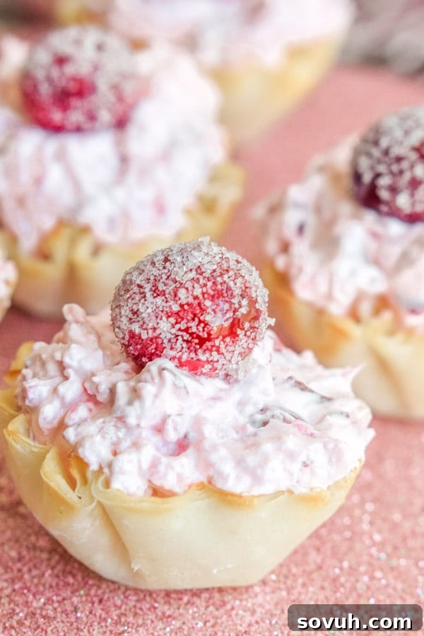 Phyllo cup Cranberry Fluff Cheesecake Bites, an easy no-bake dessert for Christmas and Thanksgiving.