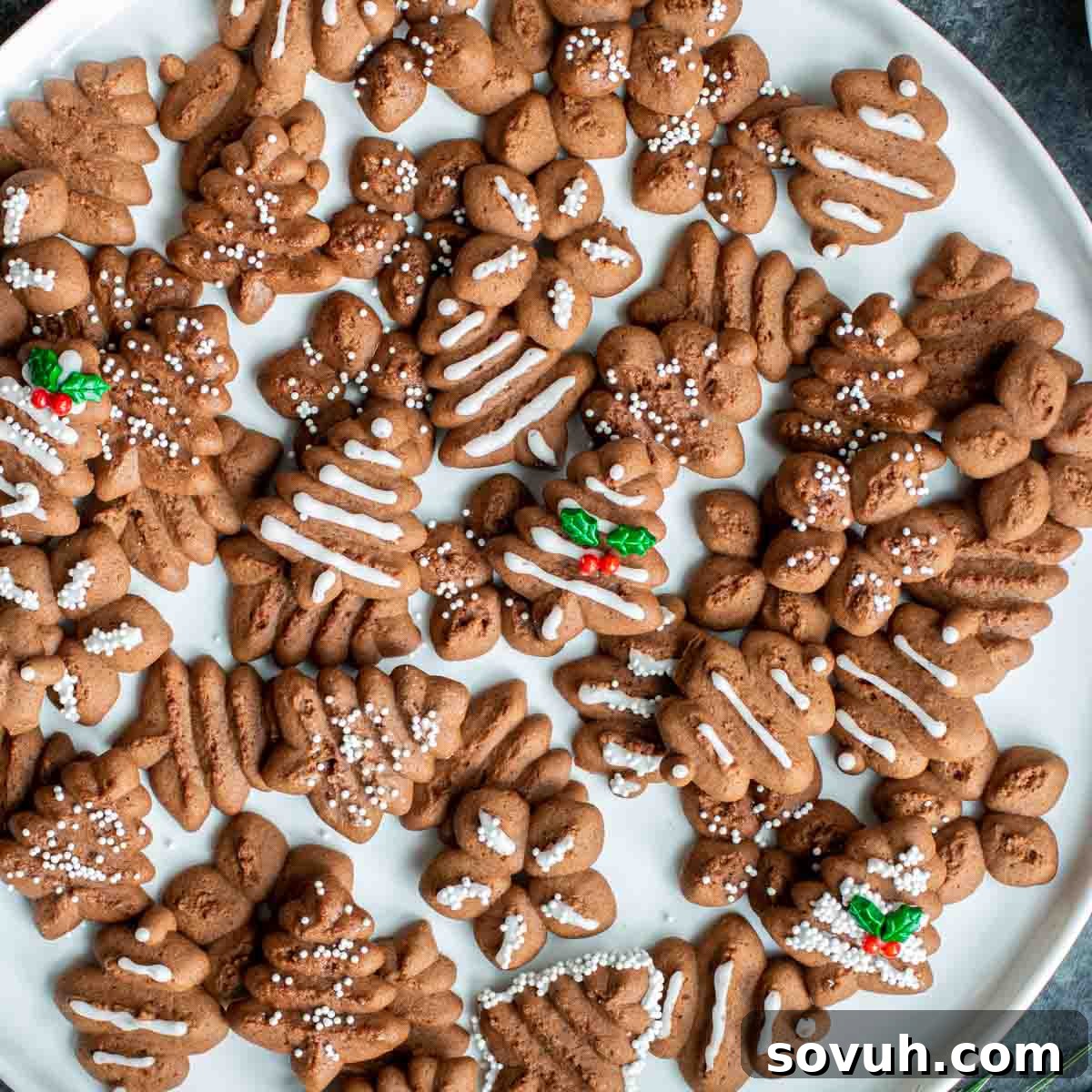 Chocolate Spritz Cookie on a white platter, beautifully decorated with icing and sprinkles.
