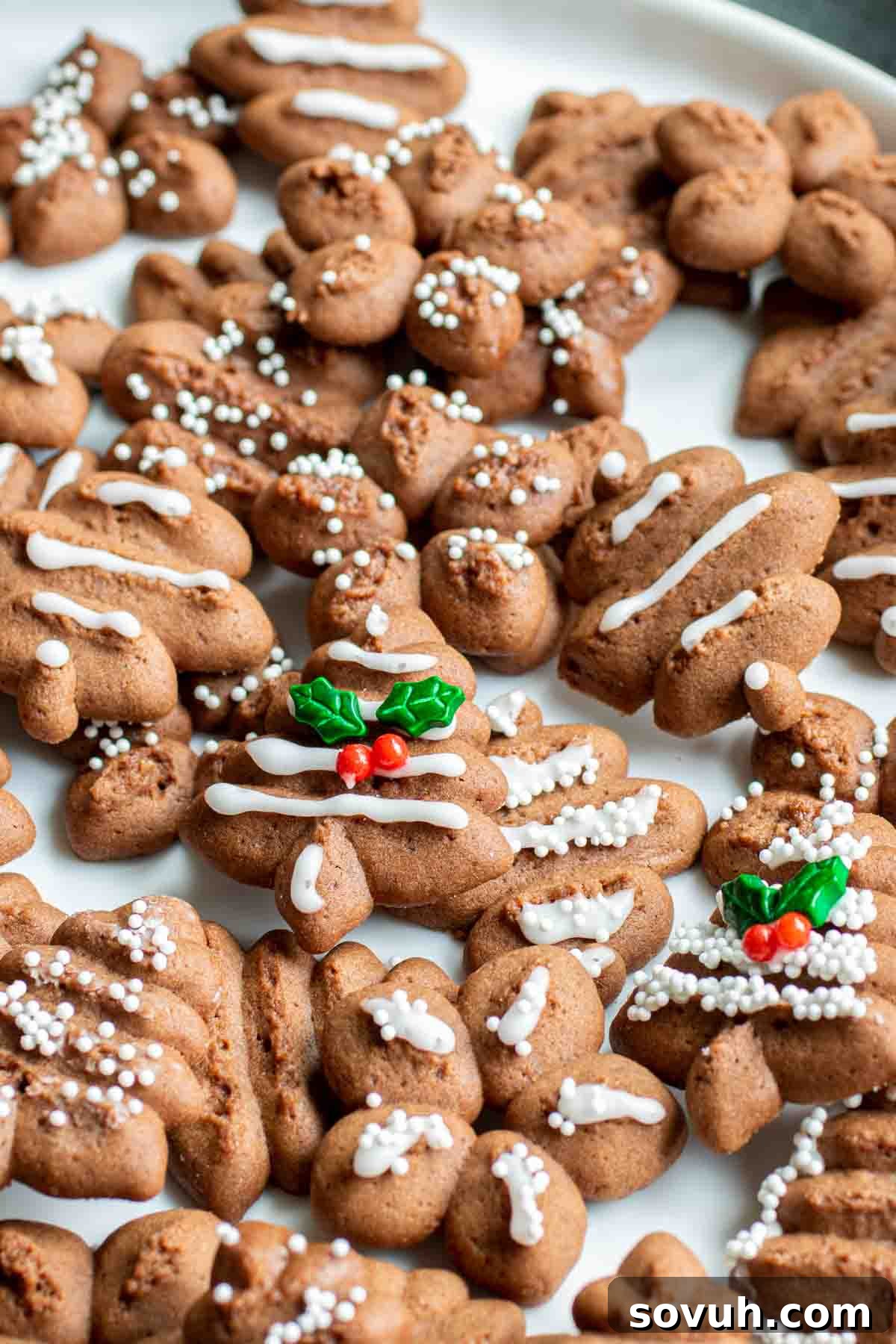 A beautiful display of Chocolate Spritz Cookies on a festive platter, ready for holiday gifting or serving.