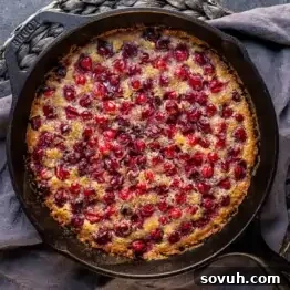 A baked dessert with a golden crust and topped with red cranberries in a cast iron skillet.