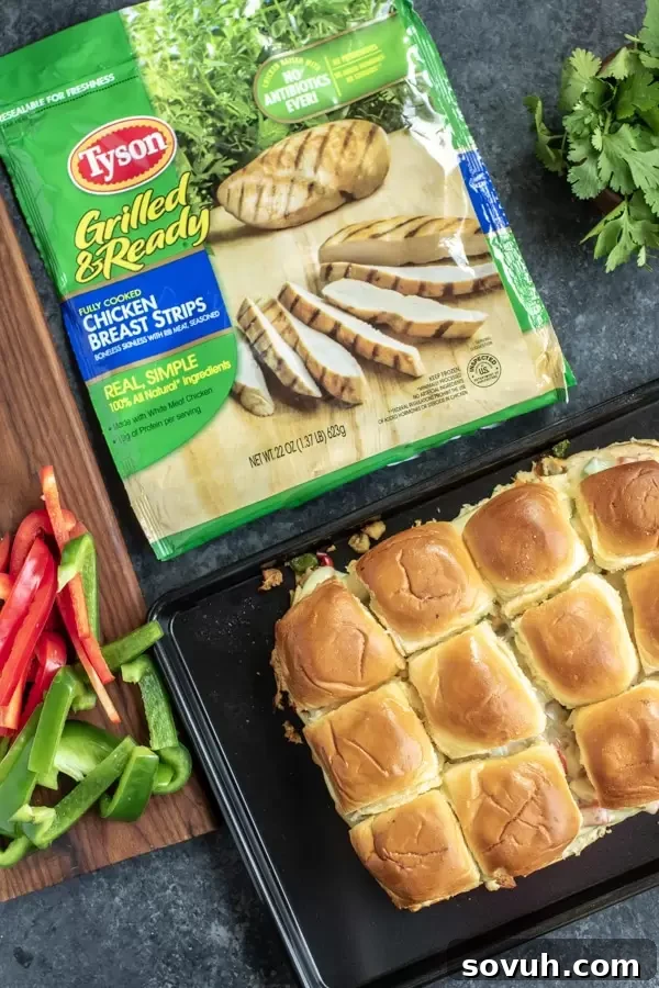 Step-by-step assembly of Chicken Cheesesteak Sliders, showing chicken, peppers, onions, and cheese layers on buns.