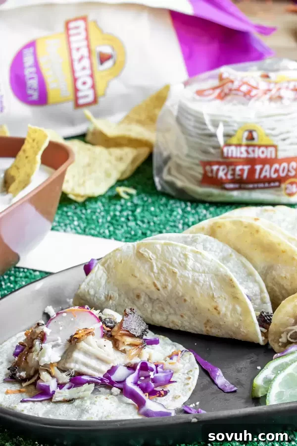Mission Street Tacos Corn Tortillas and Mission Thin & Crispy Tortilla Chips, perfect for game day snacks.