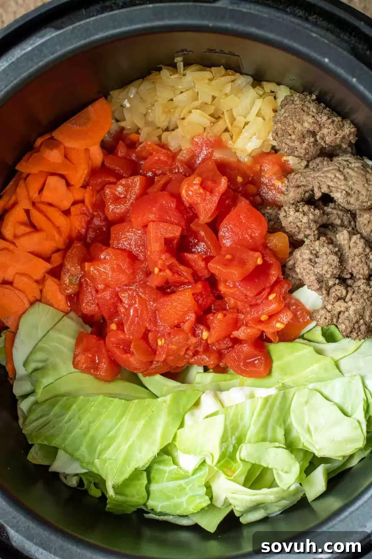 Fresh ingredients laid out for making Instant Pot Cabbage Roll Soup.