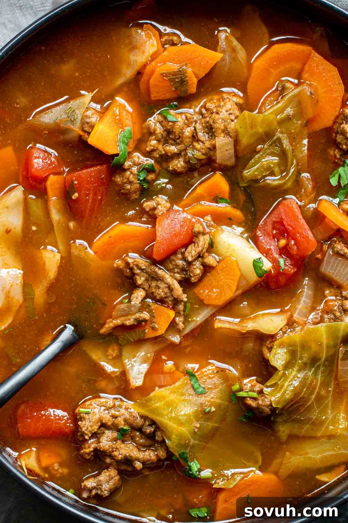 A close-up shot of a steaming bowl of Instant Pot Cabbage Roll Soup.