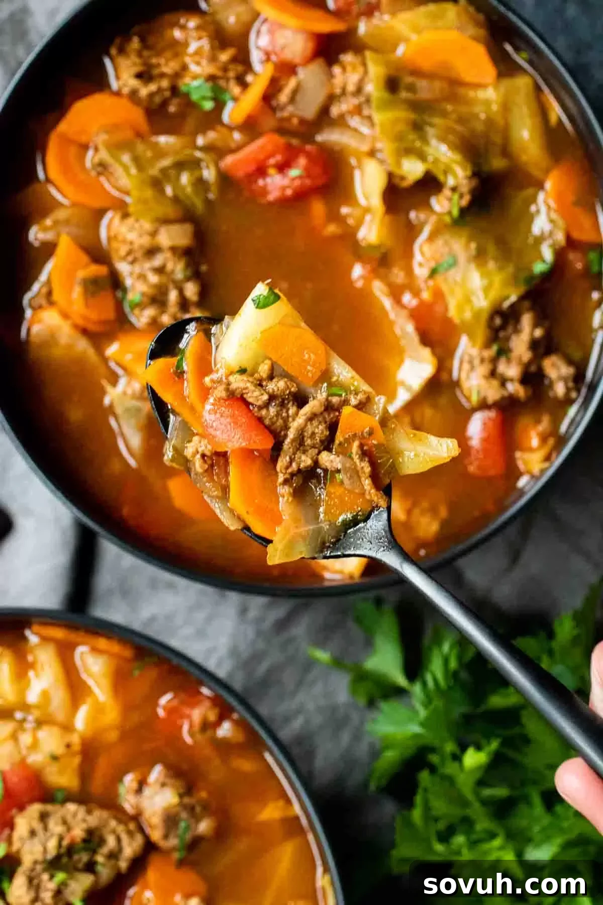 Two cozy bowls of Instant Pot Cabbage Roll Soup ready to be enjoyed.