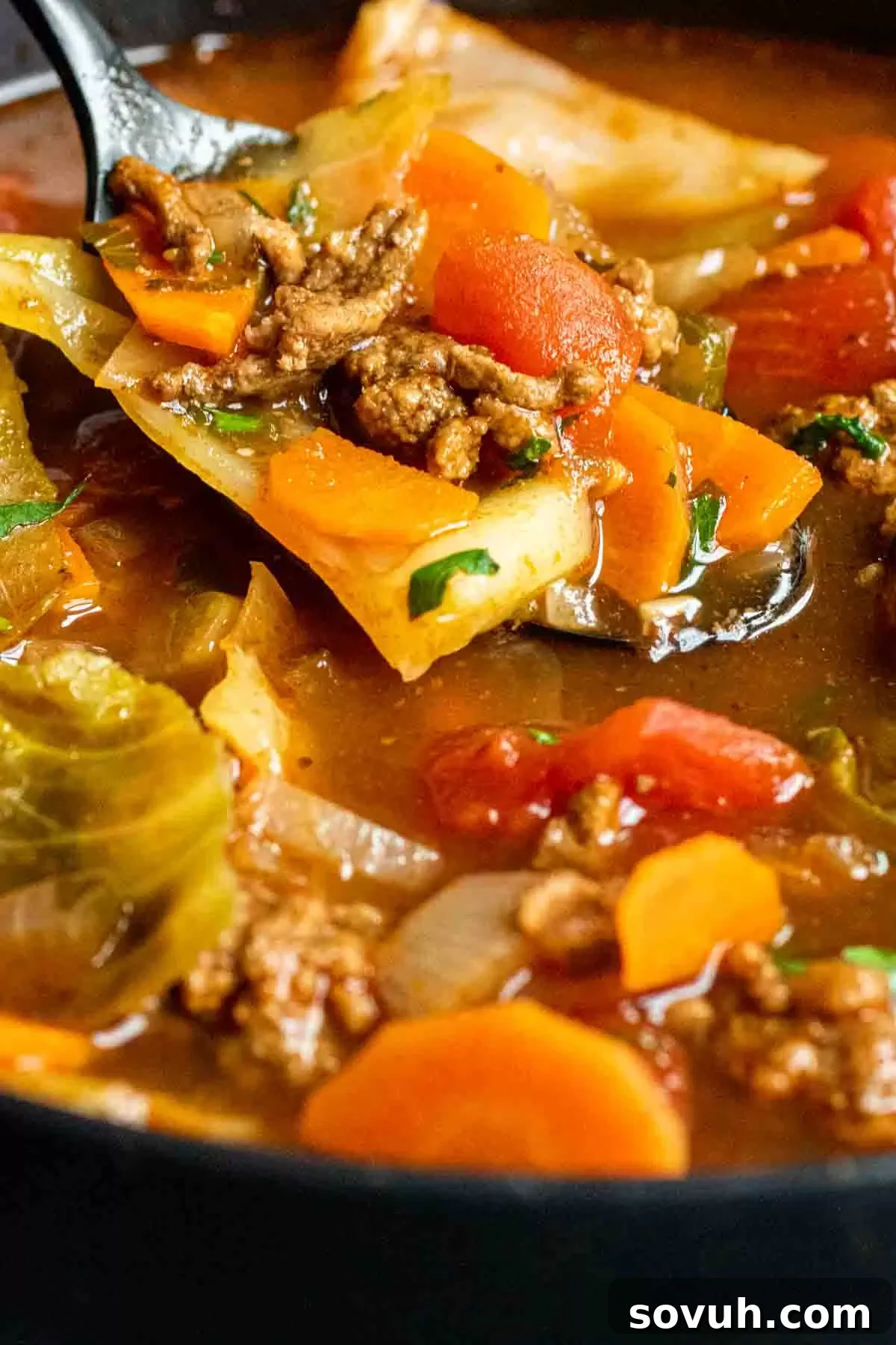 A spoonful of Instant Pot Cabbage Roll Soup, showcasing its rich texture and ingredients.