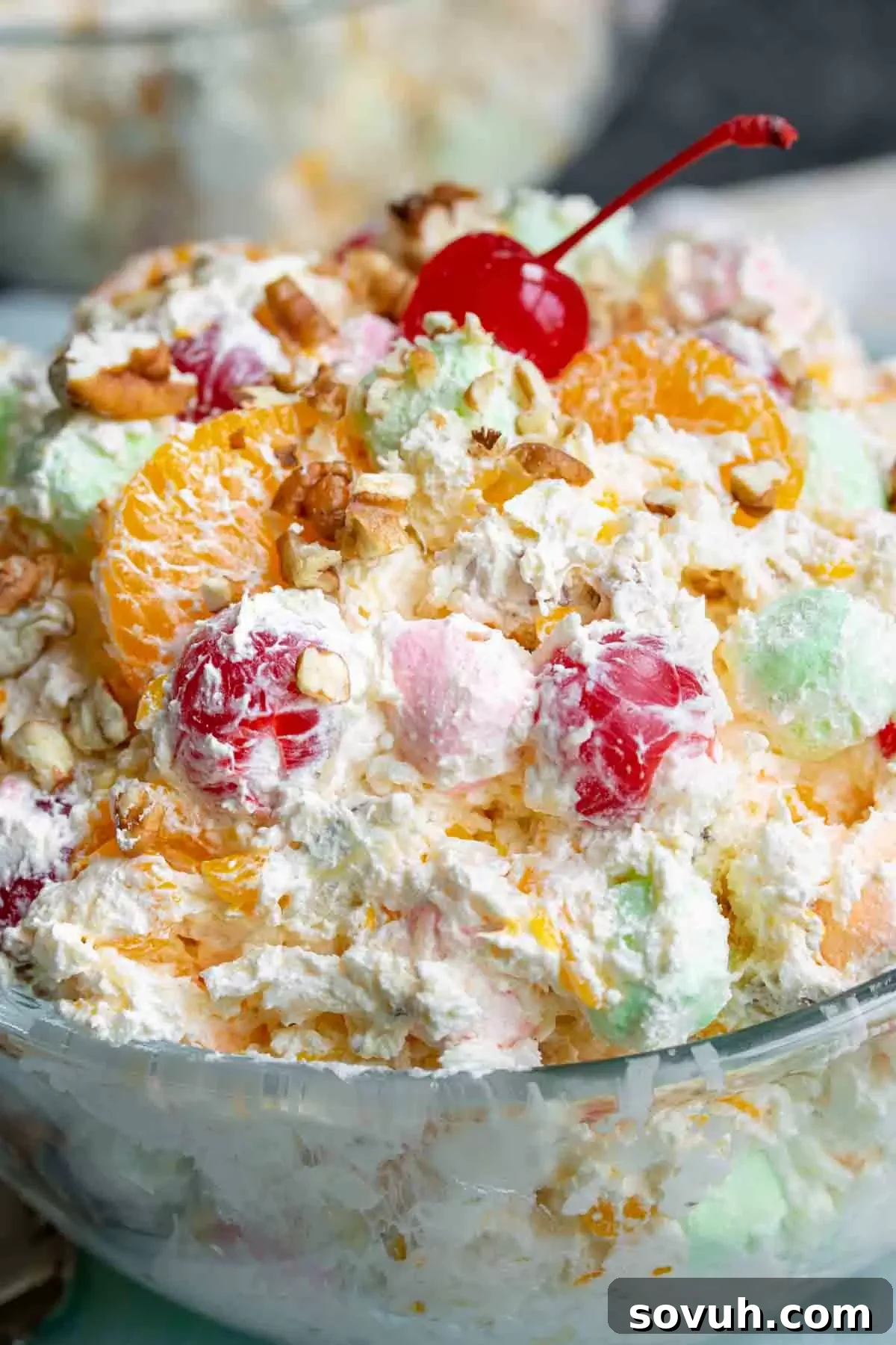 A close-up view of Ambrosia Salad in a bowl, showing the creamy texture and colorful mix of fruits, marshmallows, and coconut, highlighting its irresistible appeal.