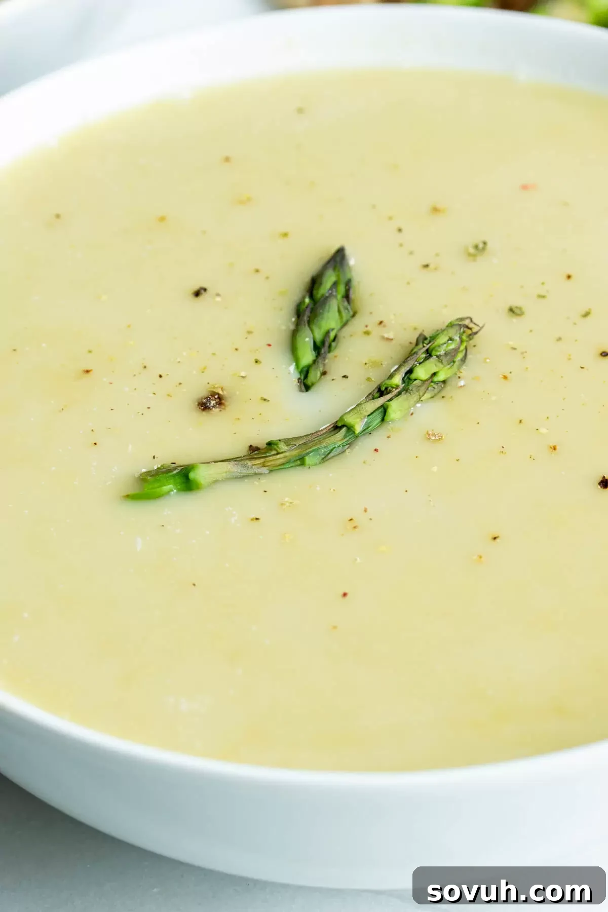 A close-up of a rustic white bowl filled with creamy asparagus soup, garnished with a sprig of fresh dill, set on a dark wooden surface.