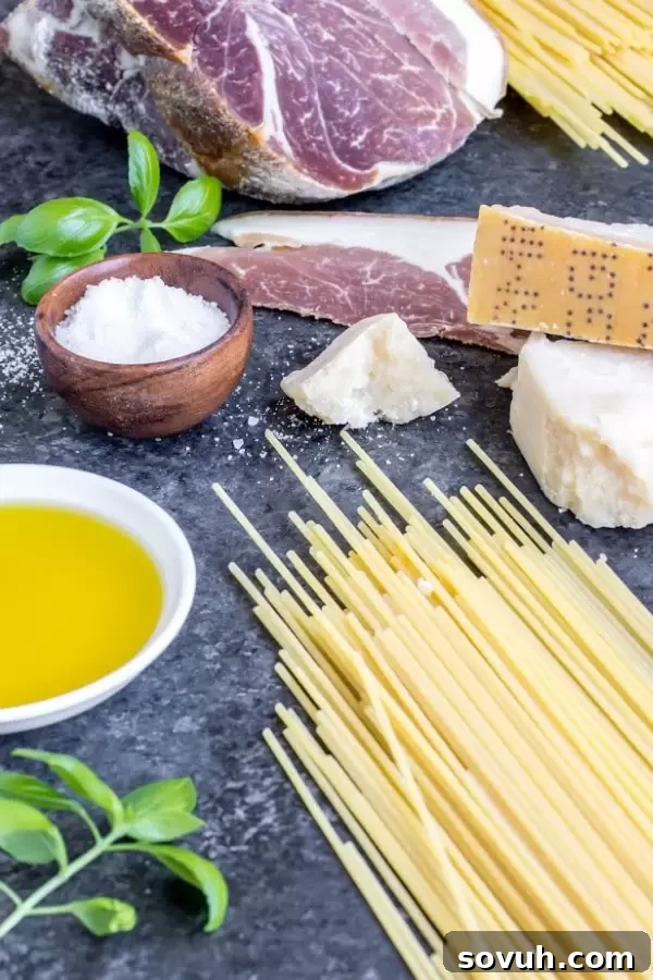 A visual guide to essential Pasta Carbonara ingredients: spaghetti, pancetta, eggs, Pecorino Romano cheese, and fresh English peas.
