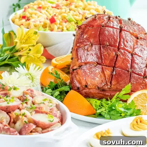A table set with side dishes and a beautiful honey glazed ham