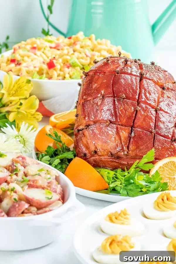 A full Easter dinner table with ham, classic macaroni salad, deviled eggs, and german potato salad.