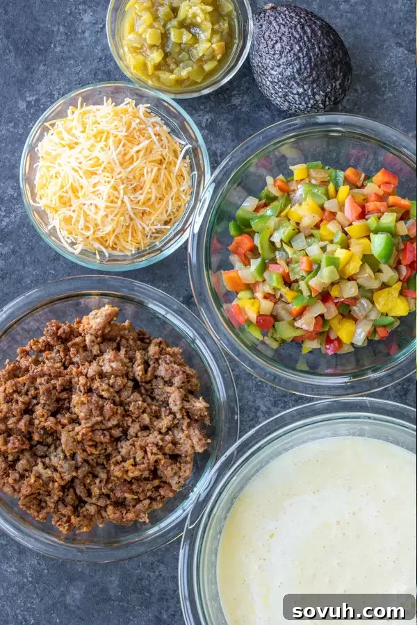 Ingredients for Chorizo and Peppers Crustless Quiche, a keto-friendly recipe