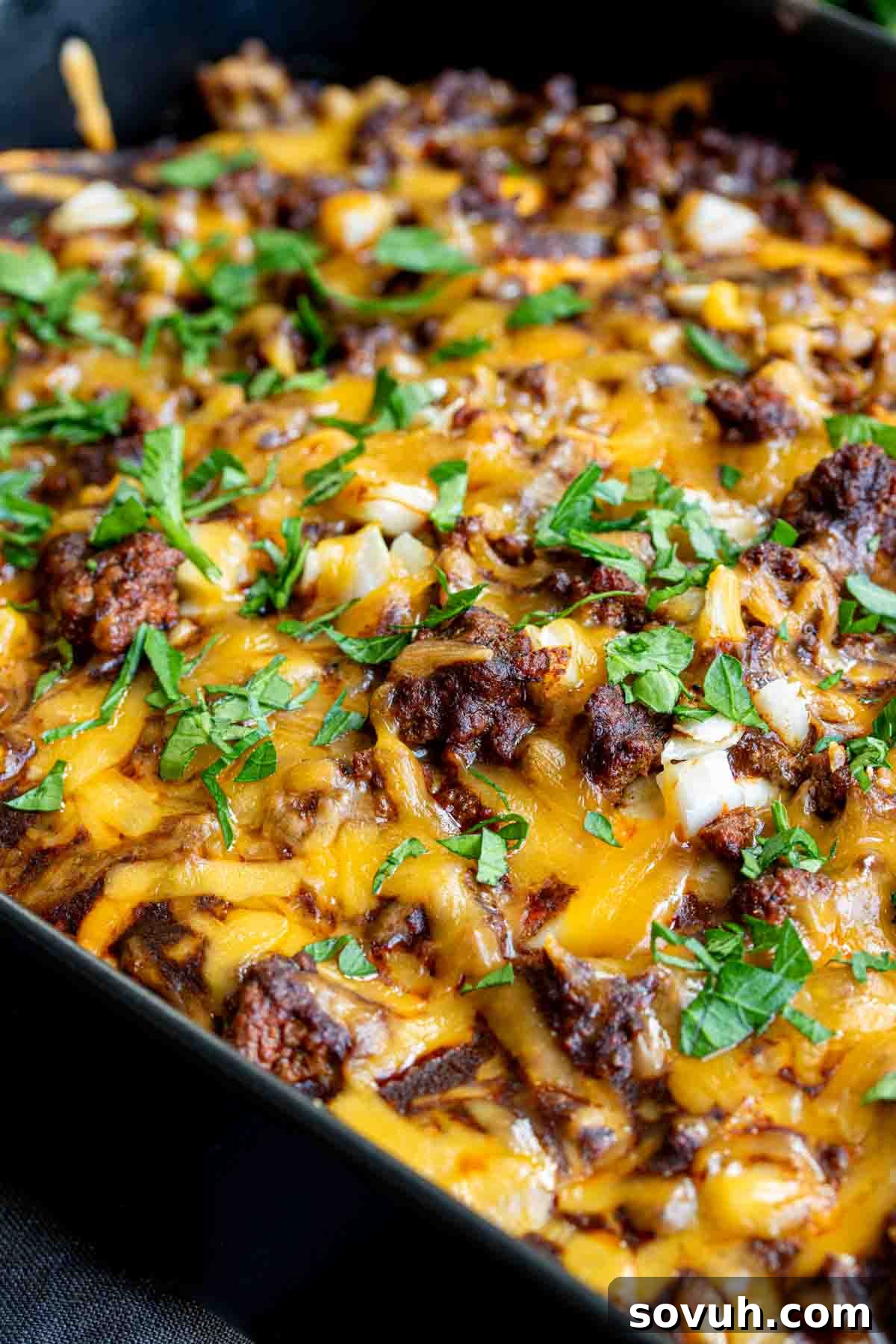 A baked Beef Enchilada Casserole in a deep baking dish, garnished with fresh cilantro.