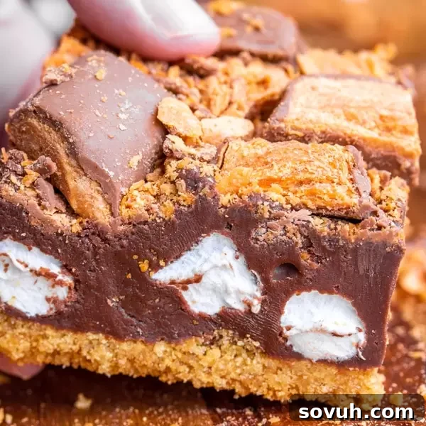 Layers of Butterfinger S'mores Bars with a close-up of the crispety, crunchety topping and gooey chocolate marshmallow fudge