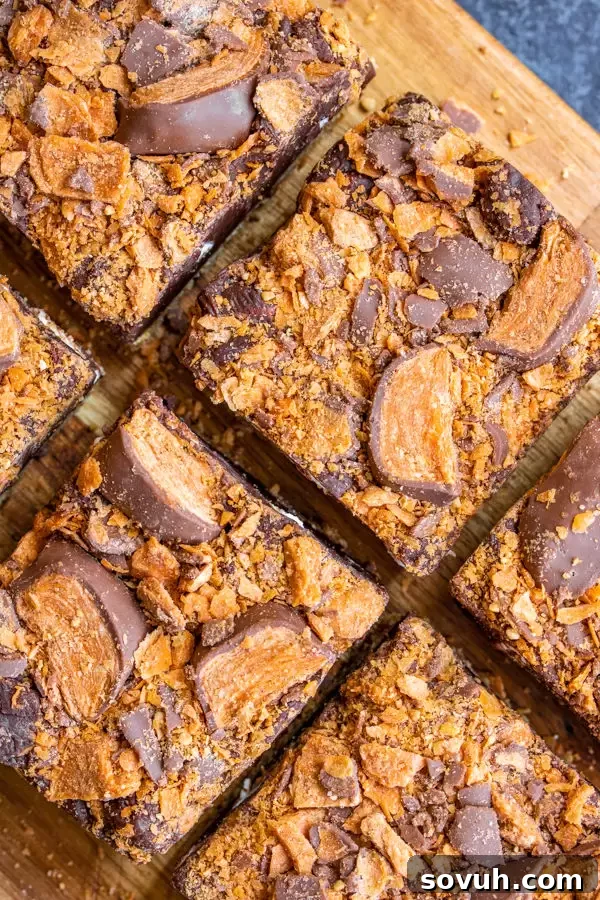 Perfectly cut Butterfinger S'mores Bars revealing the distinct layers of graham cracker, chocolate fudge, and Butterfinger topping