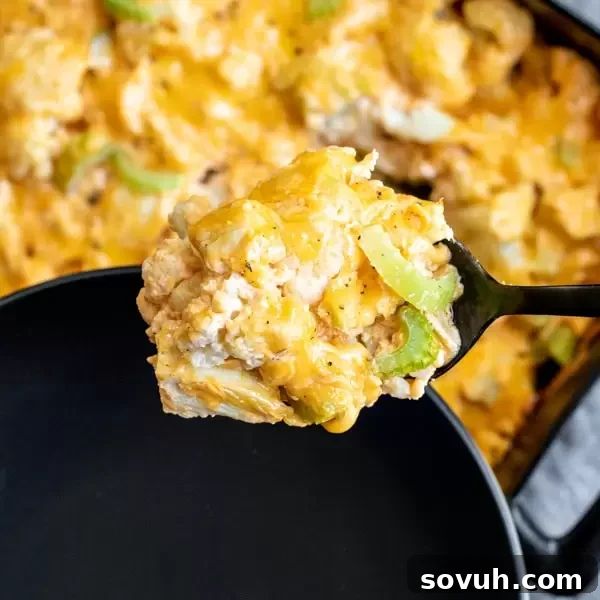 Delicious low carb Keto Buffalo Chicken Cauliflower Casserole, a creamy and cheesy healthy keto dinner