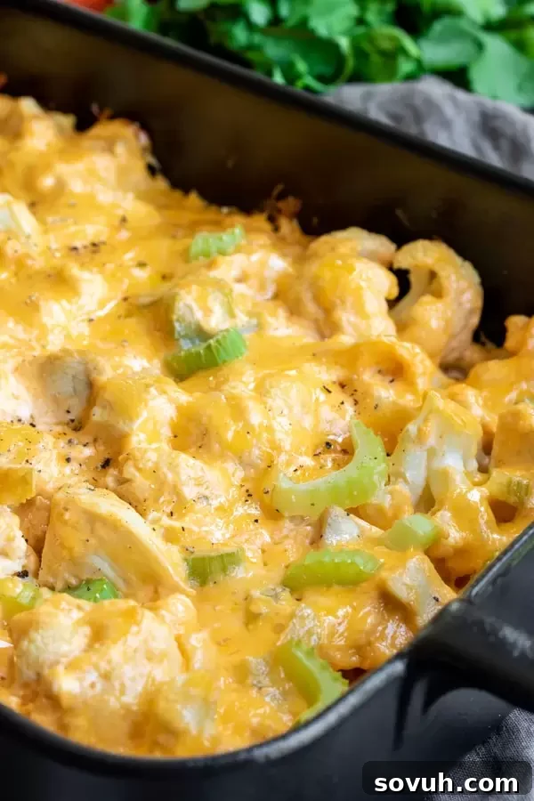 Creamy Keto Buffalo Chicken Casserole made with tender cauliflower florets and melted cheese
