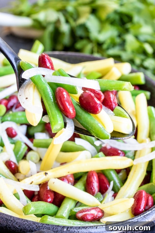 A fork holding a colorful mix of green beans, yellow wax beans, and red kidney beans, glistening with dressing.