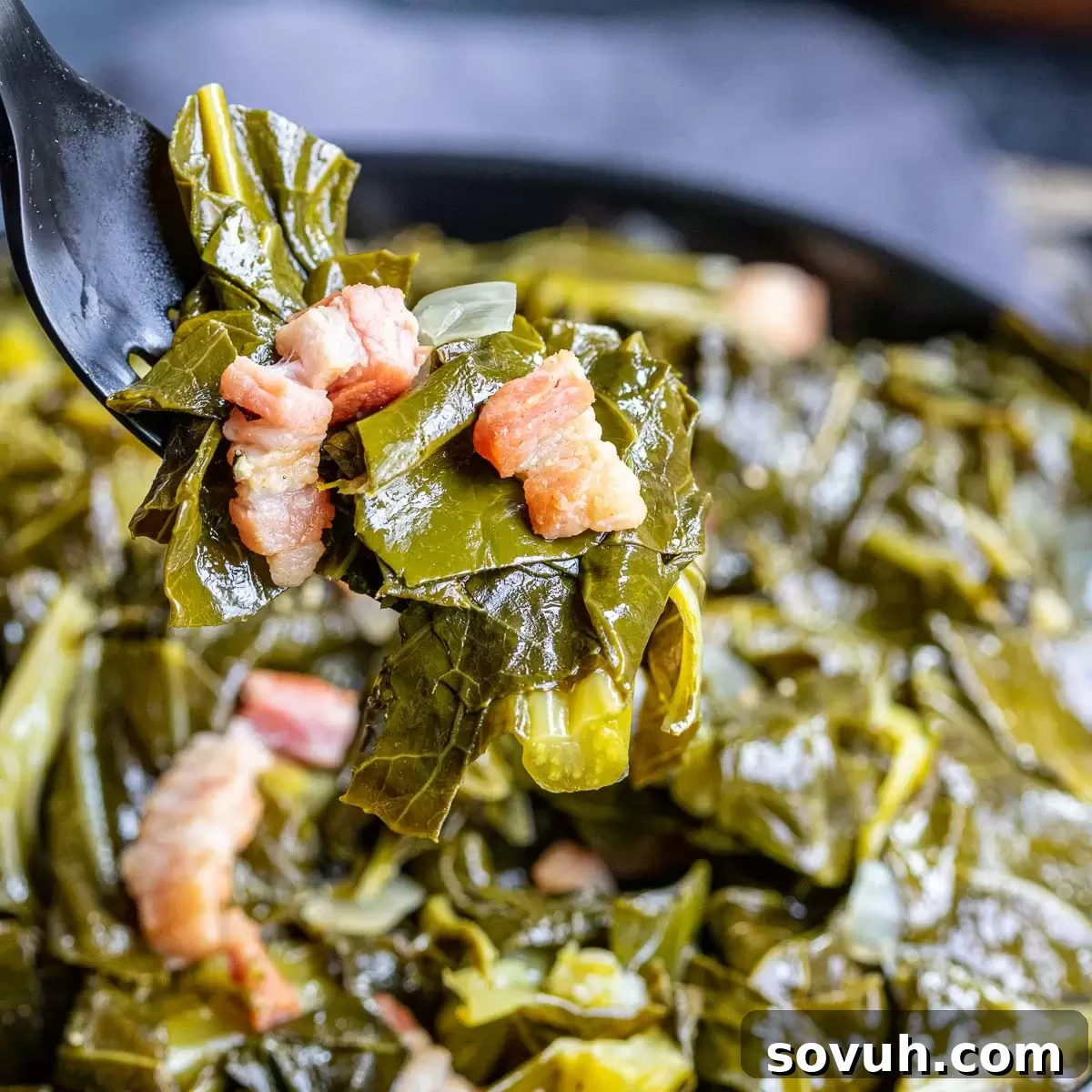 A steaming bowl of Instant Pot Collard Greens, a classic Southern side dish, featuring tender greens and savory smoked meat, ready to be enjoyed.
