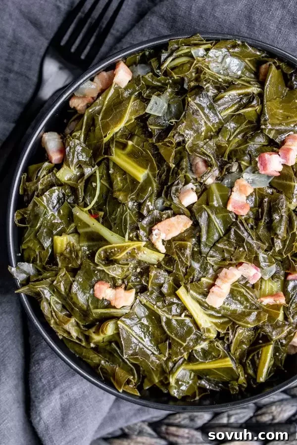 A beautiful black bowl filled with Instant Pot Turnip Greens, showing the vibrant green leaves cooked to perfection with bits of savory bacon visible throughout.